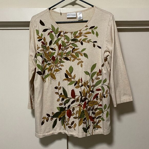 Alfred Dunner, 3/4 length sleeve beige tunic w/fall foliage array, size S - Picture 1 of 12